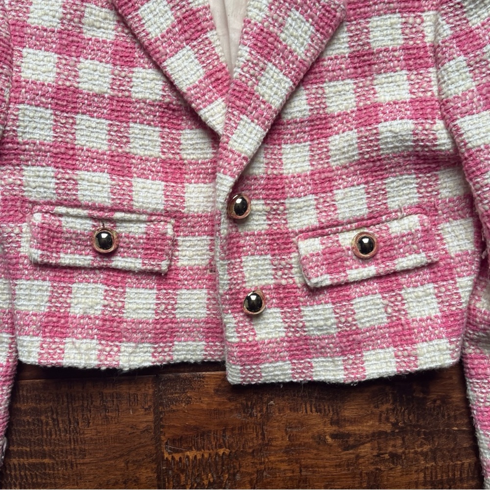 MANGO Pink White Plaid Check Tweed Cropped Blazer Jacket. - Picture 10 of 16